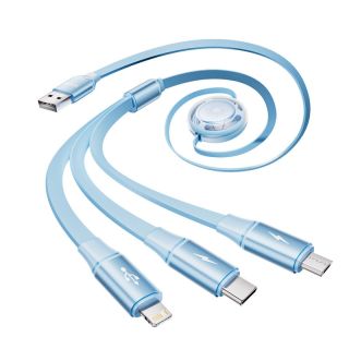 Câble de données 3 en 1 - Rock Honeycomb Series, Micro-USB, USB-C, Lightning, bleu clair, rétractable, 110cm