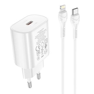 Hoco - Set di caricabatterie PD25W con cavo Lightning-to-Type-C, compatibile con iPhone, bianco