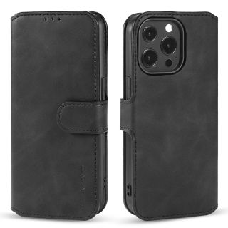 iPhone 13 Pro - DG.MING Vintage Flip Case con 3 slot per carte e chiusura magnetica, look pelle, custodia protettiva, nero