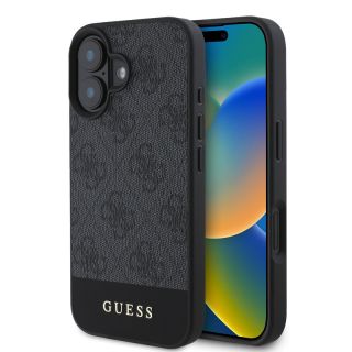 iPhone 16 - Guess PU 4G Bottom Stripe Metal Logo Case (GUHCP16SG4GLGR), Grau
