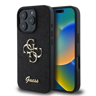 iPhone 16 Pro Max - Guess PU Fixed Glitter 4G Custodia posteriore con logo in metallo (GUHCP16XHG4SGK), Nero