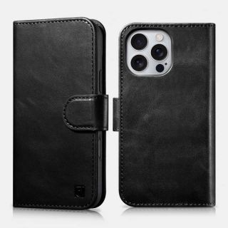 iPhone 16 Pro Max - iCarer Oil Wax Premium Echtleder Detachable 2 in 1 Wallet Flip Etui mit RFID Blocker, schwarz