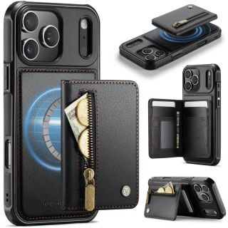 iPhone 17 - Jeehood Magsafe Case with magnetic wallet and stand function, zipper, black