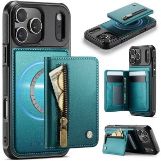 iPhone 17 Pro Max - Jeehood Magsafe Case, portefeuille magnétique, fonction stand, fermeture éclair, vert