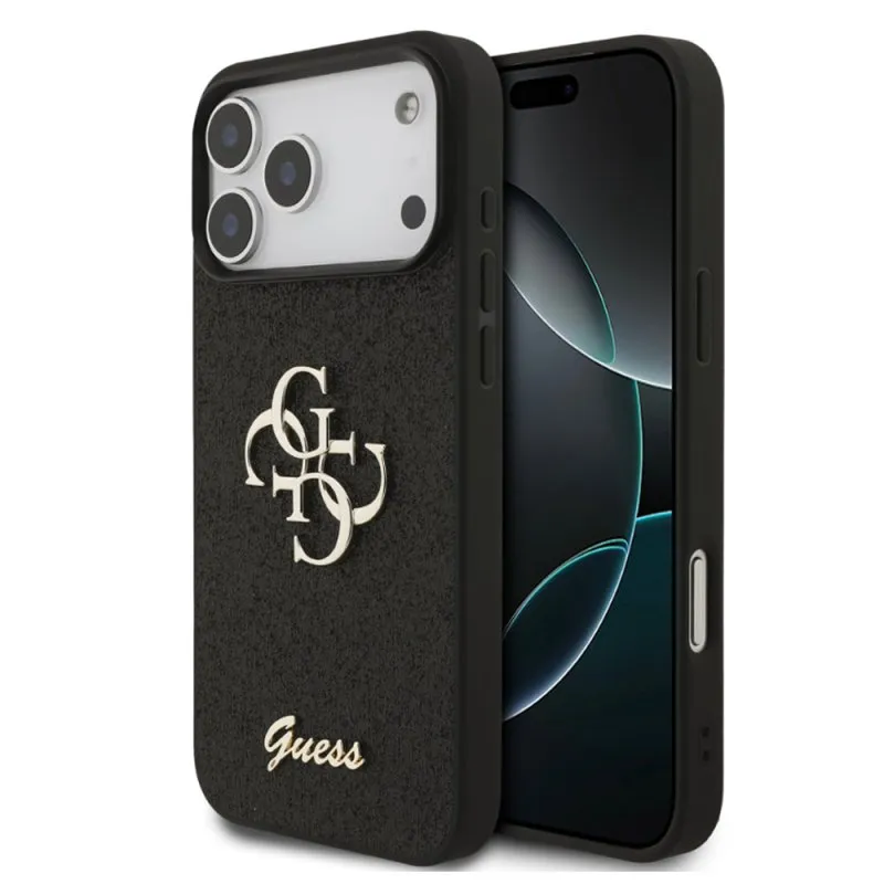 iPhone 18 Pro Max / 17 Pro Max – Guess Glitzer-Hülle mit Metall-Logo, Schwarz GUHCP18XHG4SGK