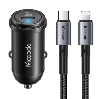 Mcdodo - Kit di ricarica rapida per auto da 30W - incl. cavo Lightning e USB-C da 1,2 m, nero