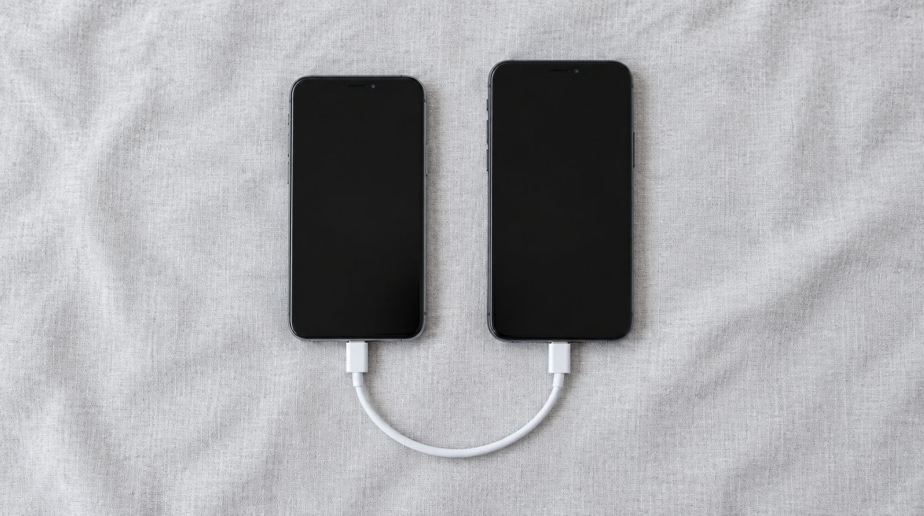 Zwei Smartphones nebeneinander auf grauem Leinen, dazwischen ein weisses Ladekabel
