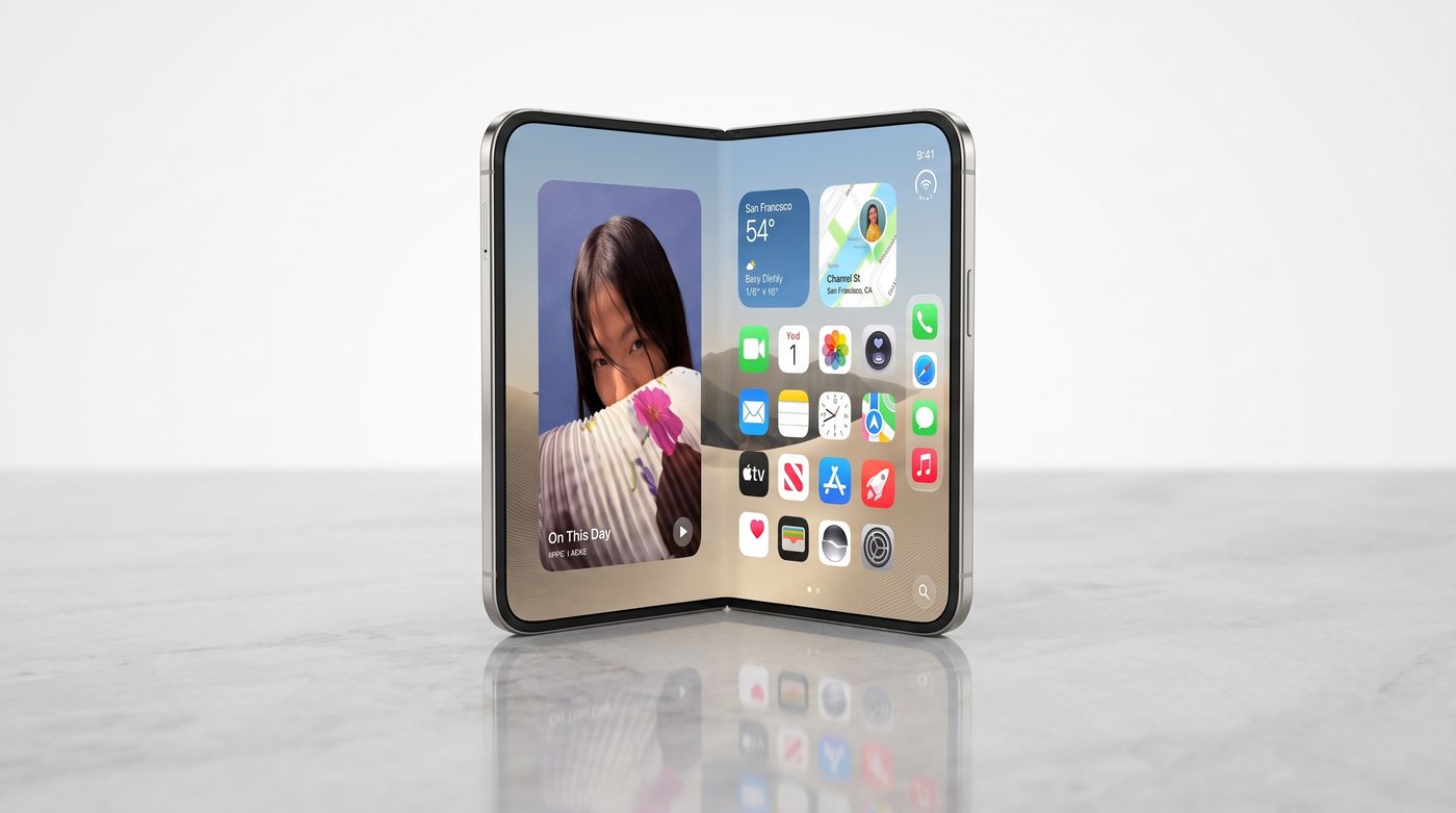 iPhone Duo halb aufgeklappt auf einer Marmorfläche