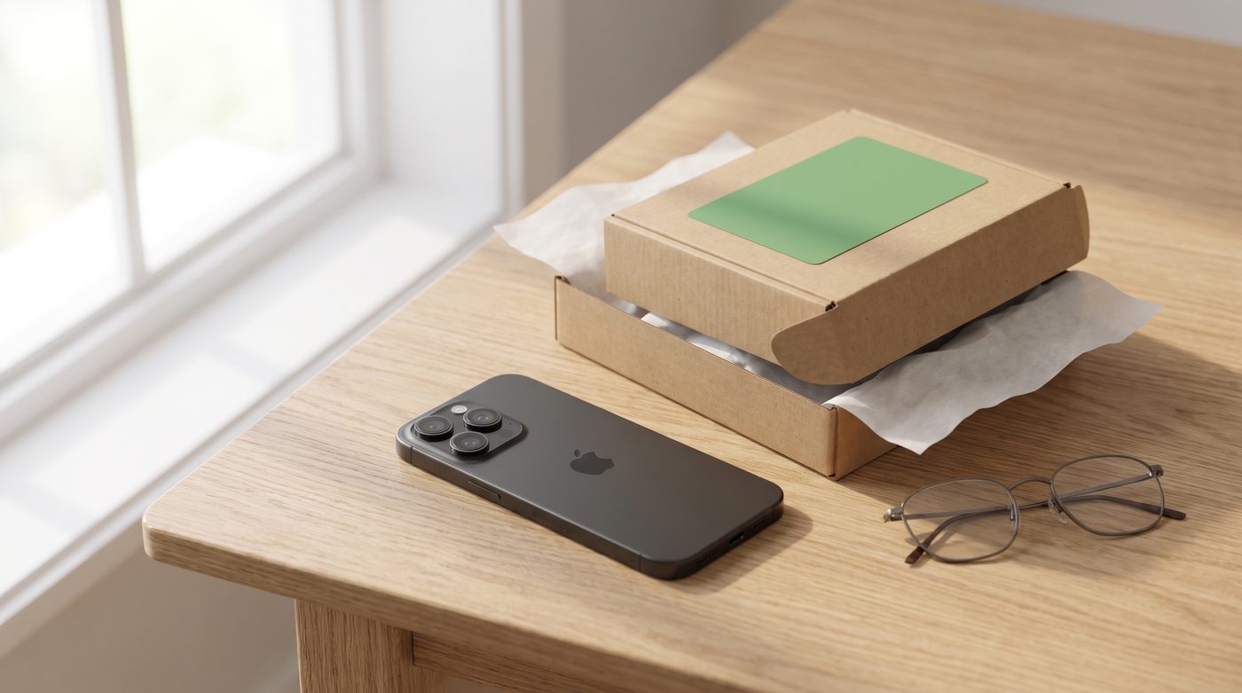 Gebrauchtes iPhone neben einer offenen Versandbox auf einem Holztisch