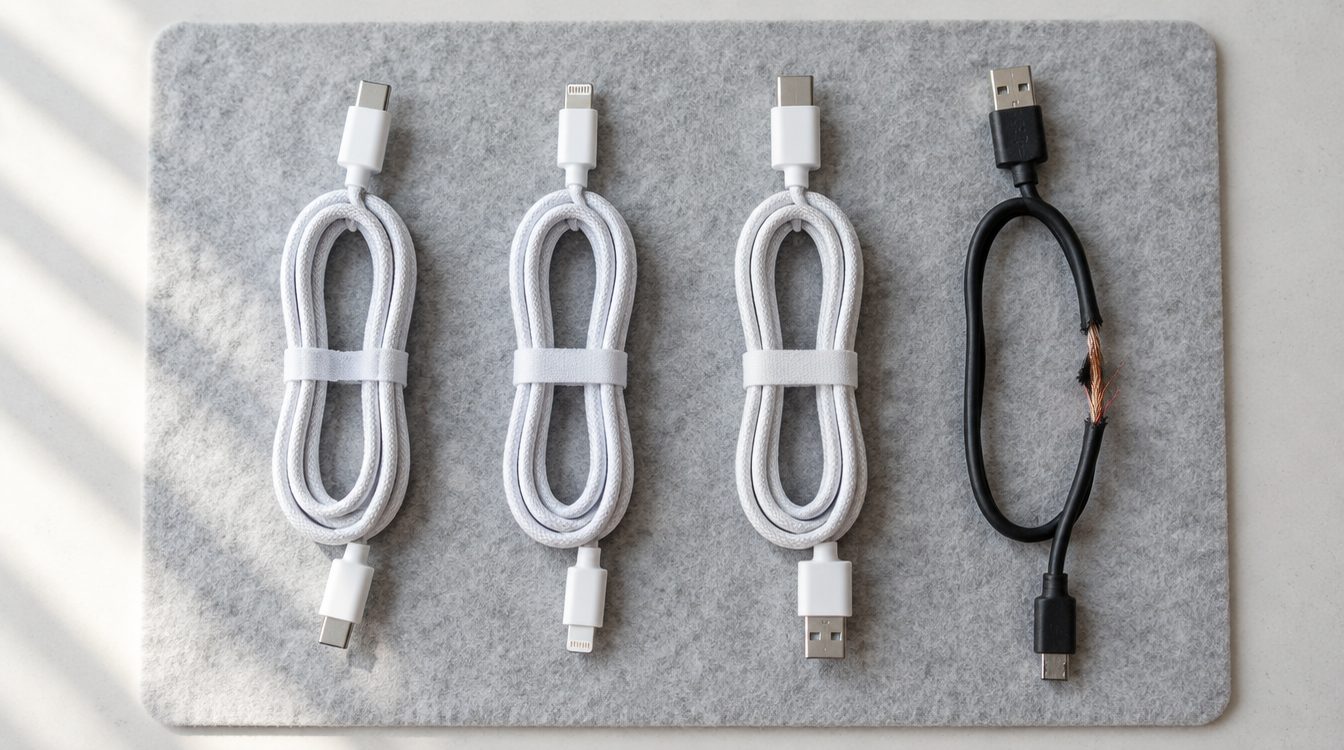 Vier Ladekabel auf einer Filzmatte, eines davon mit aufgescheuerter Isolierung