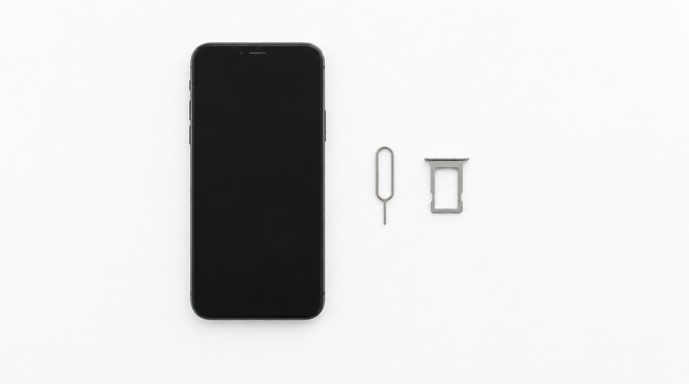 Smartphone auf weissem Untergrund, daneben das SIM-Werkzeug und ein leeres SIM-Fach