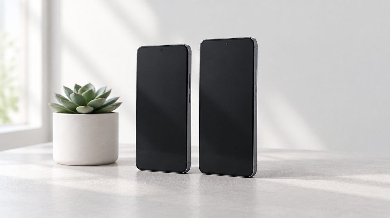 Zwei fast baugleiche Android-Smartphones nebeneinander, daneben eine Sukkulente