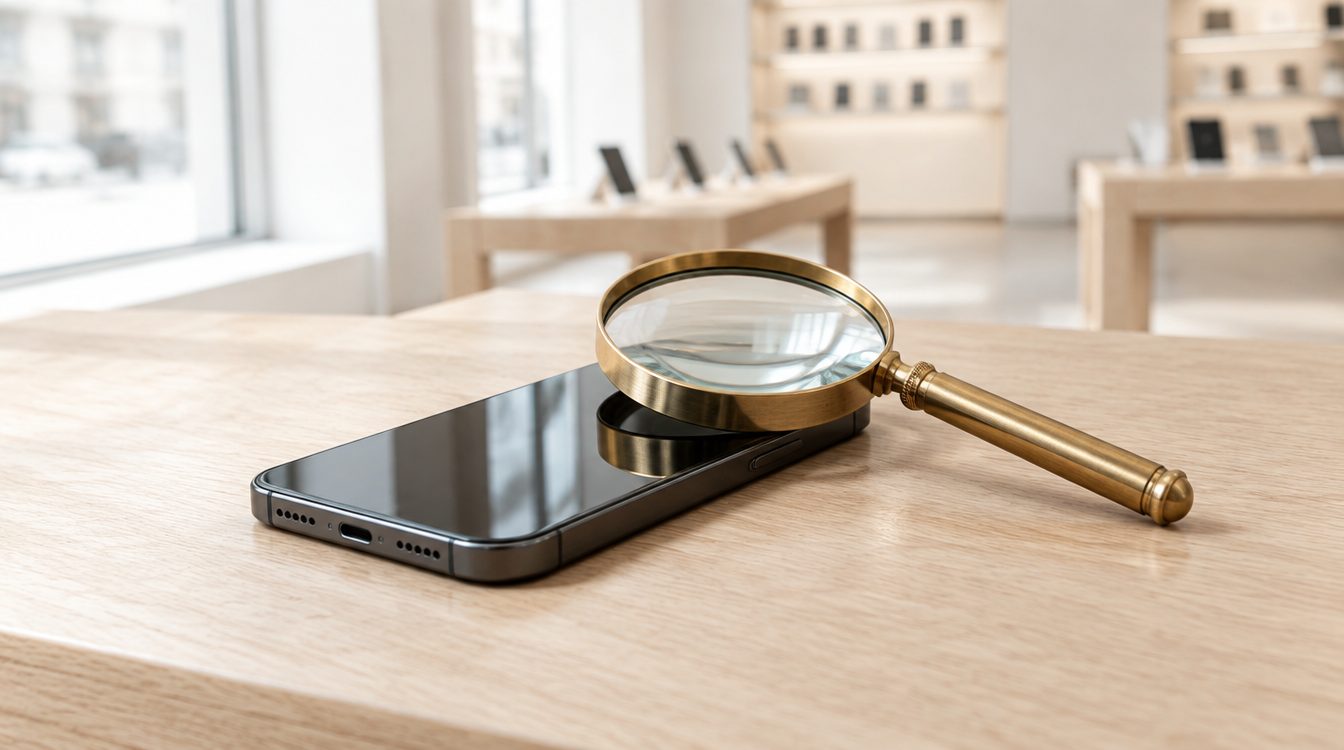Gebrauchtes Smartphone auf einer Ladentheke, darüber eine Lupe aus Messing