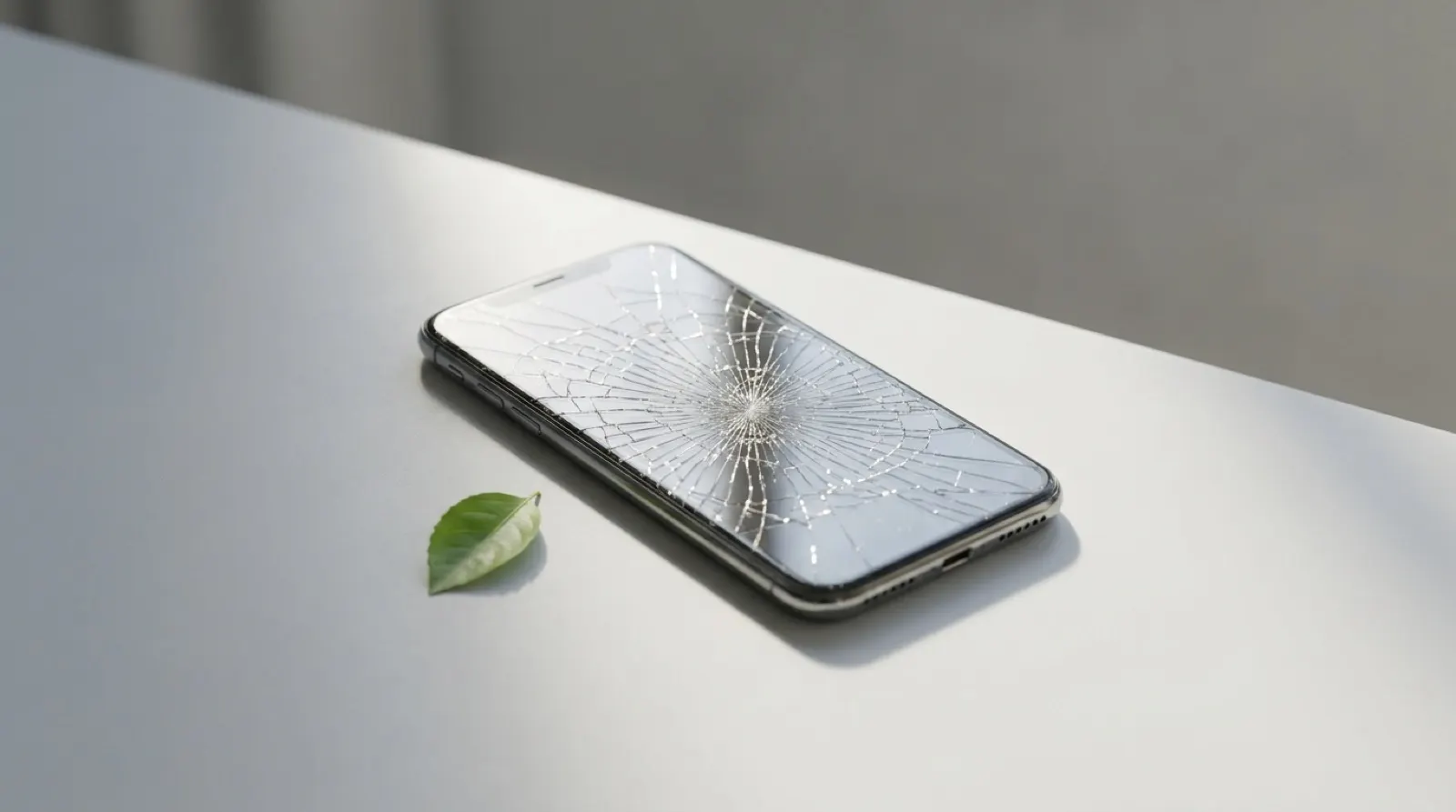Smartphone mit stark gesplittertem Display auf einer weissen Tischkante