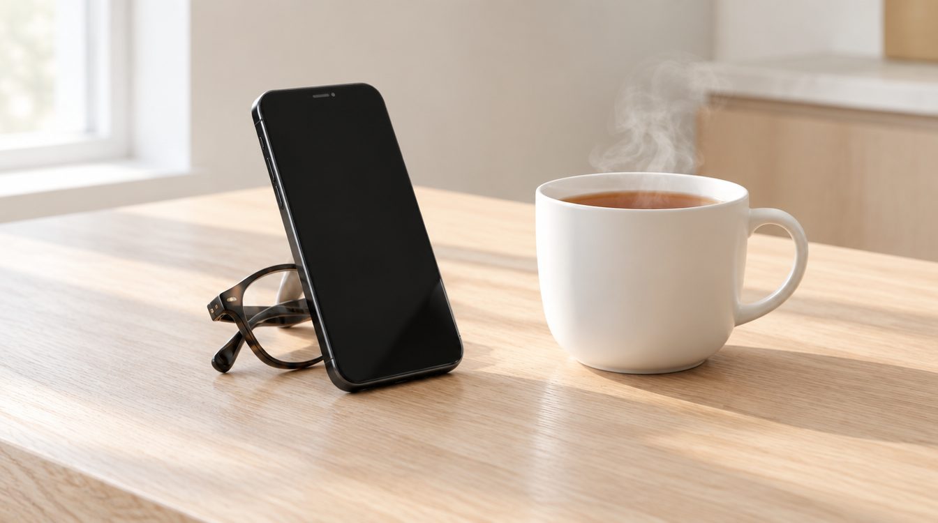 Smartphone auf einer Eichentheke, davor eine Lesebrille und eine dampfende Teetasse