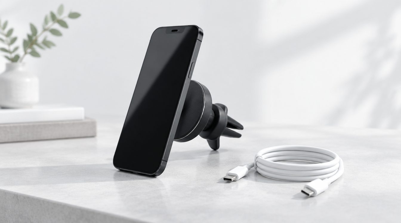 Smartphone in einer magnetischen Lüftungshalterung, daneben ein aufgerolltes Ladekabel
