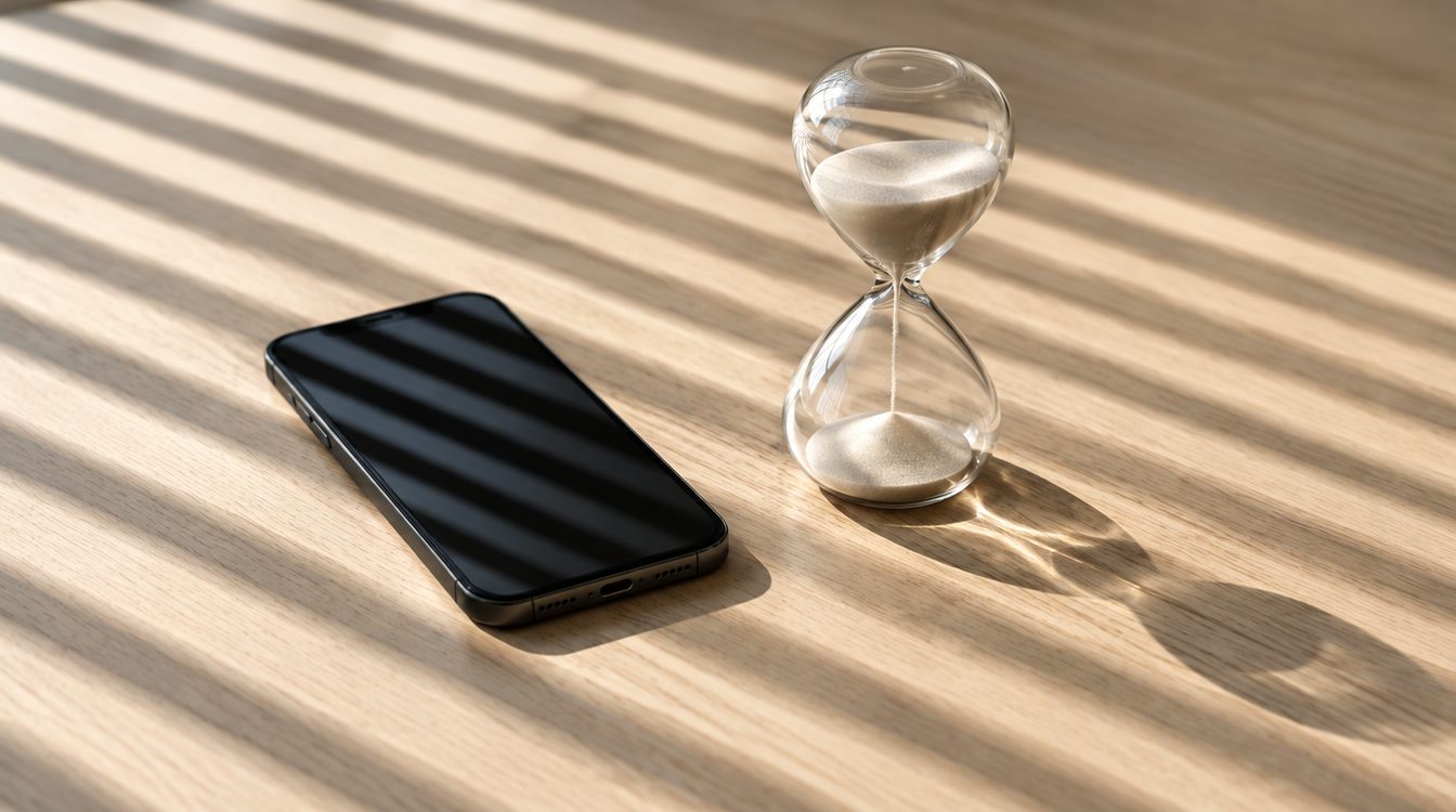 Smartphone neben einer Sanduhr auf einem Eichentisch im Streifenlicht