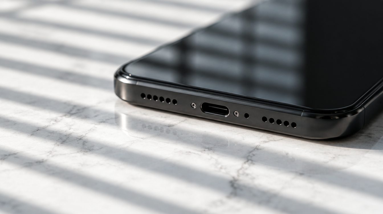 Nahaufnahme der Unterkante eines Smartphones mit Lautsprechergitter und Ladebuchse