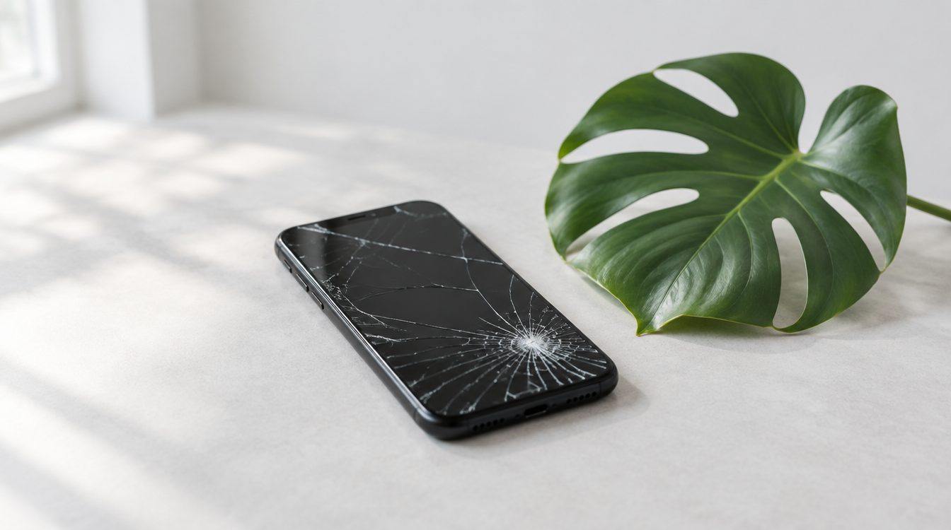 Smartphone mit gesprungenem Display auf heller Fläche, daneben ein Monsterablatt