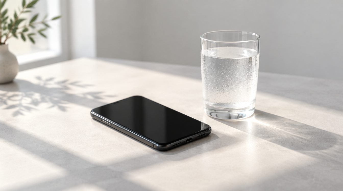 Smartphone liegt in der Sonne auf einer hellen Tischplatte, daneben ein beschlagenes Glas Wasser