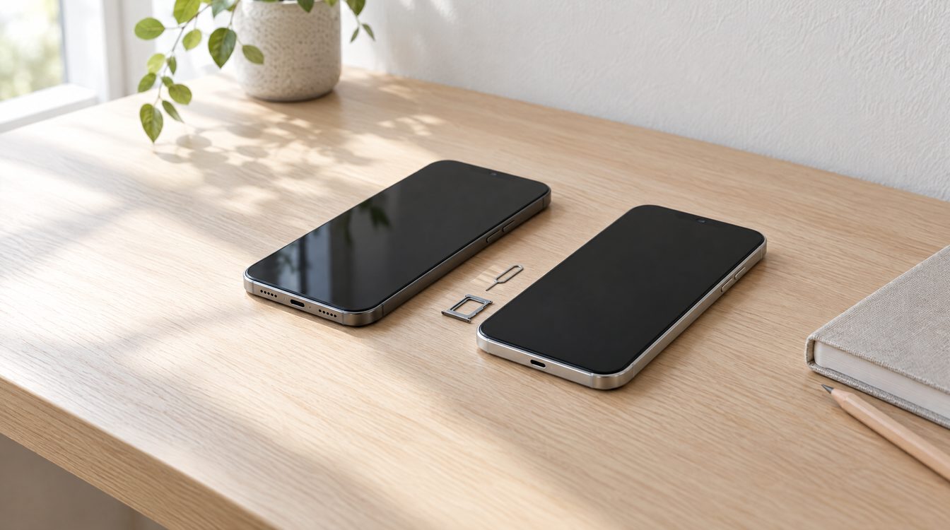 Zwei Smartphones nebeneinander auf einem hellen Holztisch, dazwischen ein SIM-Werkzeug und ein leerer SIM-Schlitten