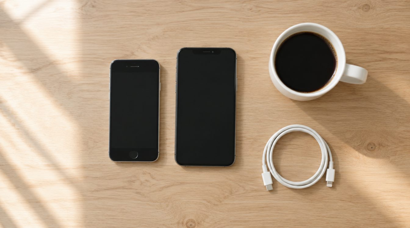 Zwei Smartphones nebeneinander auf Eichenholz, daneben eine Kaffeetasse und ein Kabel