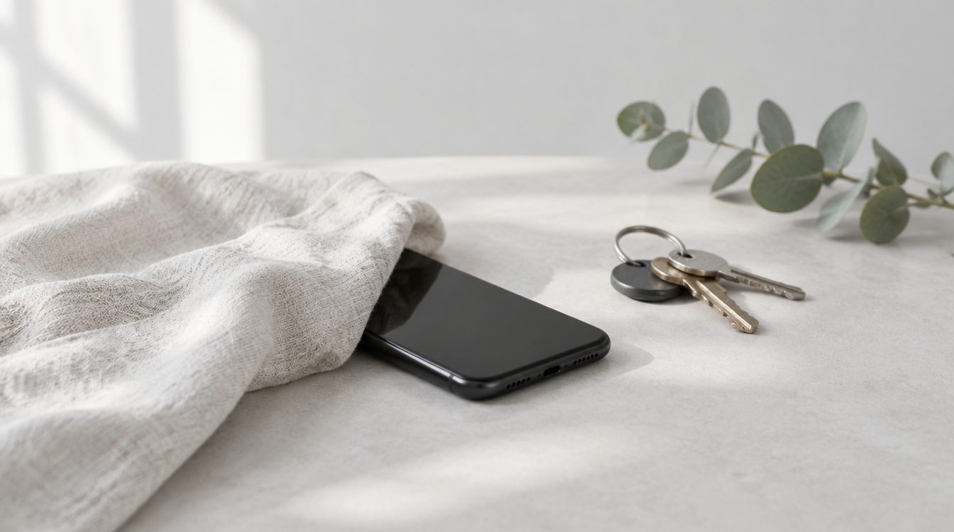 Smartphone halb unter einem Leinentuch verborgen, daneben ein Schlüsselbund