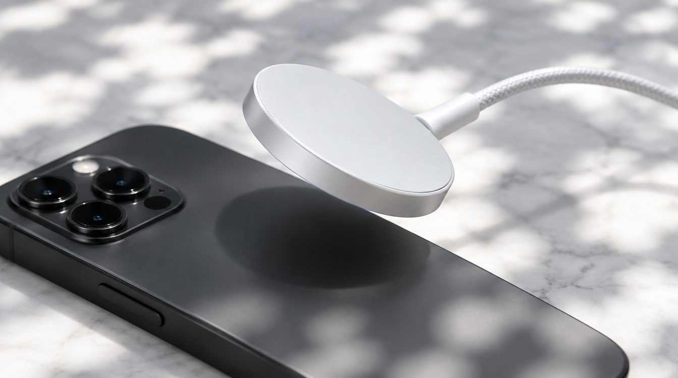 Runde magnetische Ladescheibe löst sich von der Rückseite eines Smartphones