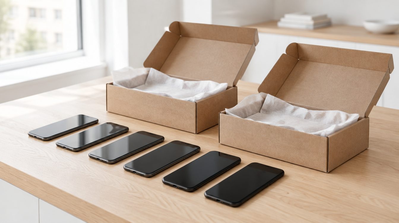 Mehrere Smartphones aufgereiht neben zwei offenen Versandkartons