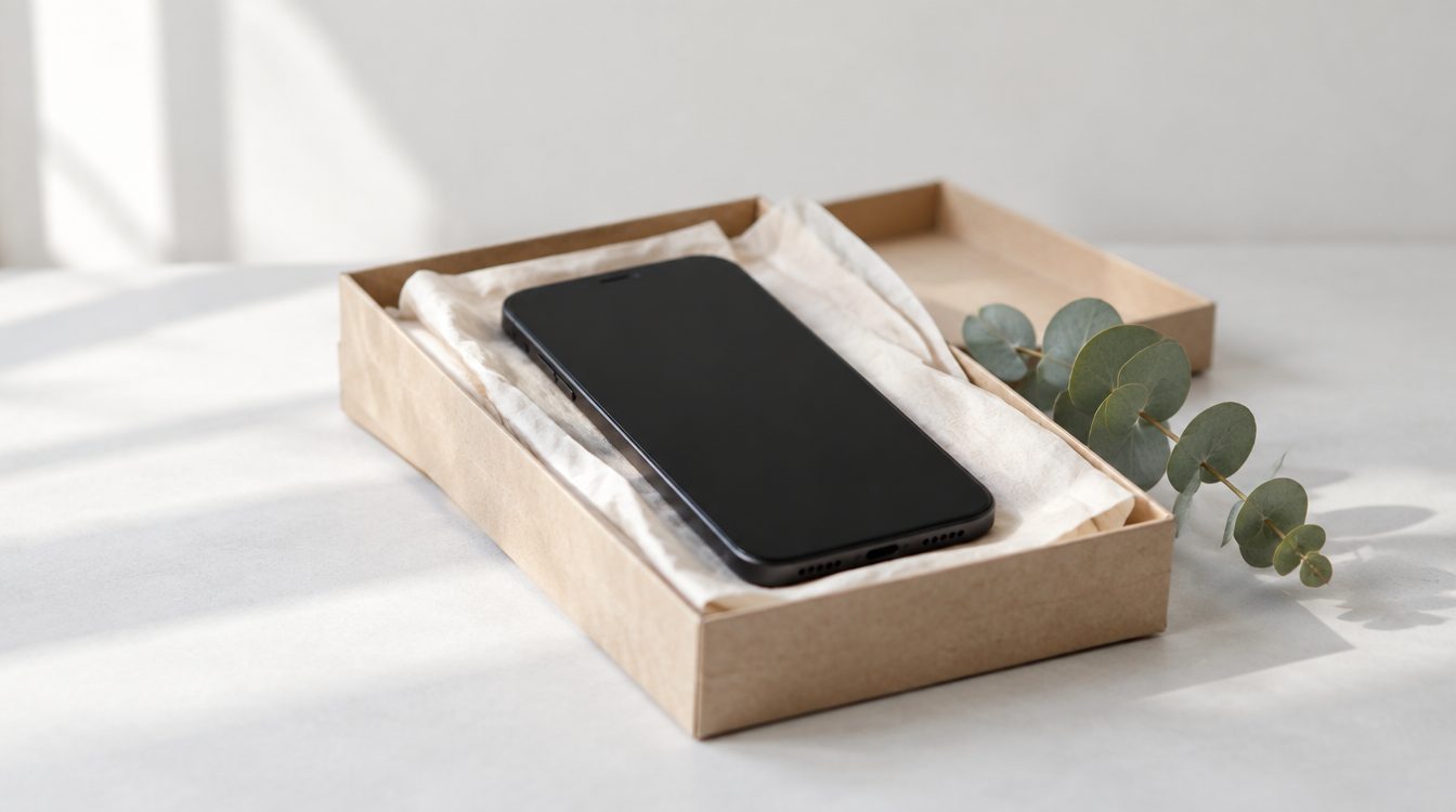 Smartphone in einem offenen Versandkarton mit Seidenpapier
