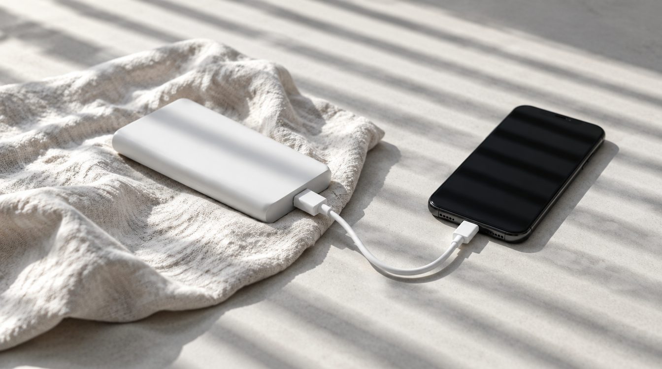 Weisse Powerbank auf einem Leinentuch, per Kabel mit einem Smartphone verbunden