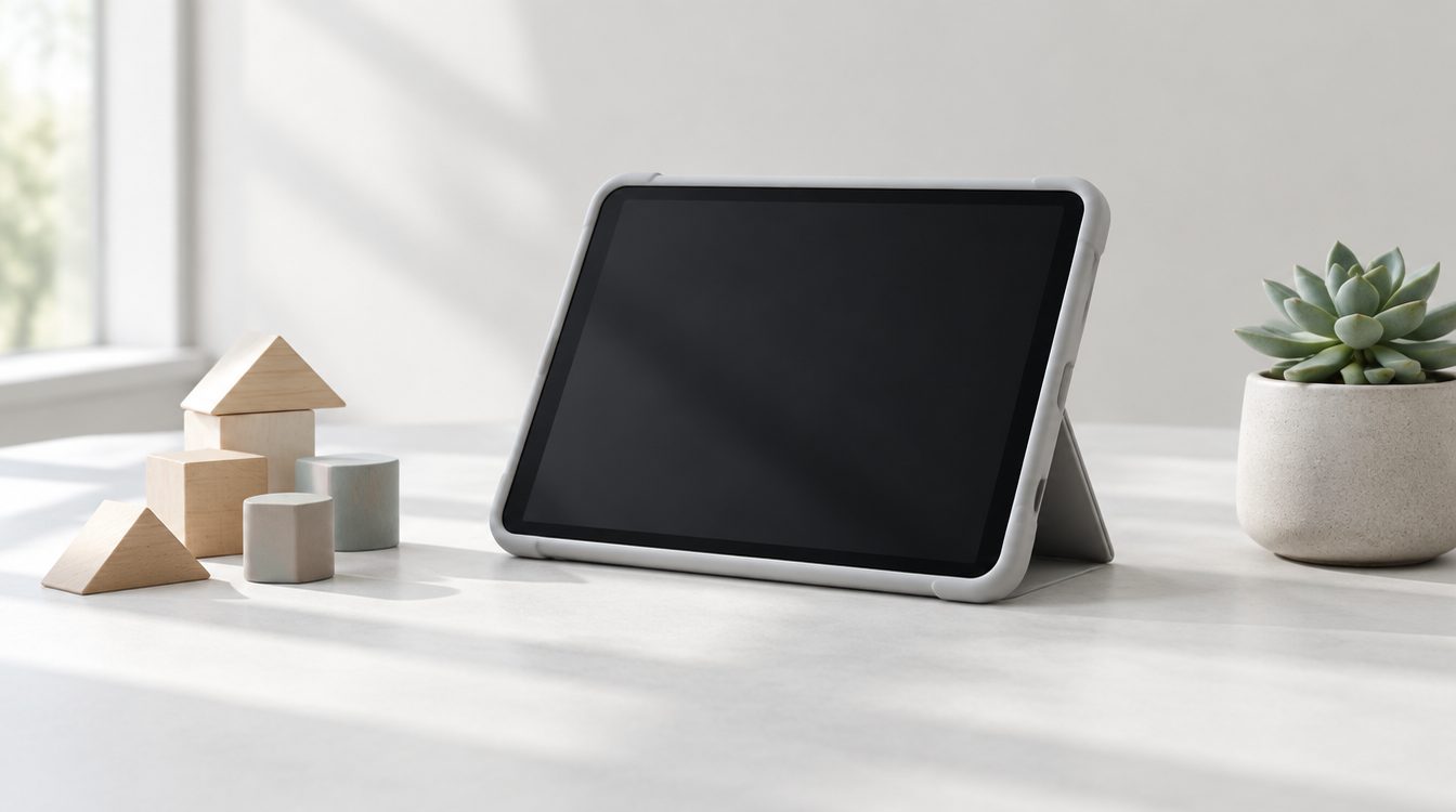 Tablet in einer Schutzhülle auf einem Ständer, daneben Holzbausteine