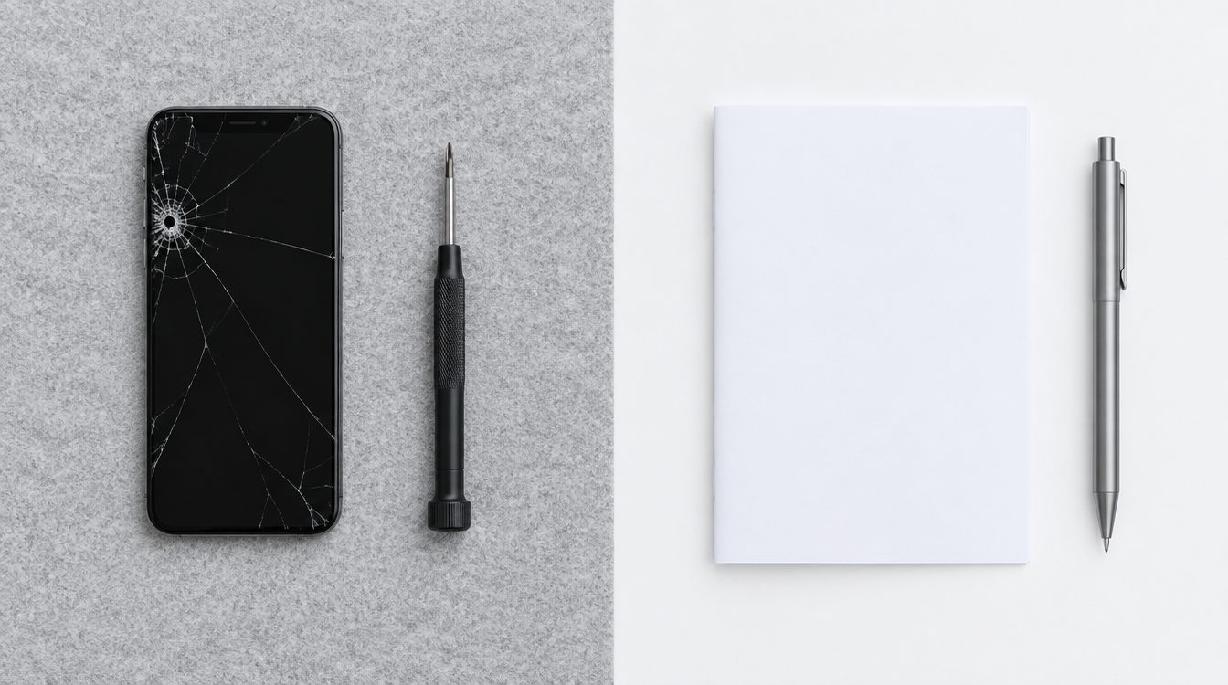 Links ein Smartphone mit gesprungenem Display und Werkzeug, rechts ein Formular mit Stift