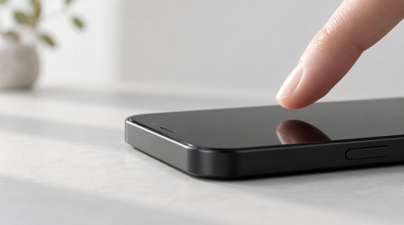 Fingerspitze kurz vor der Berührung eines dunklen Smartphone-Displays