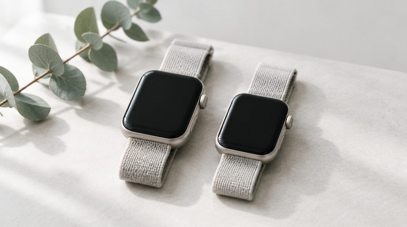 Zwei Smartwatches mit hellen Stoffarmbändern nebeneinander auf heller Fläche