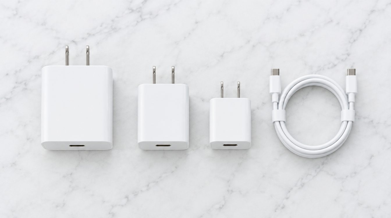 Drei weisse USB-C-Netzteile in unterschiedlichen Grössen auf Marmor, daneben ein aufgerolltes Kabel